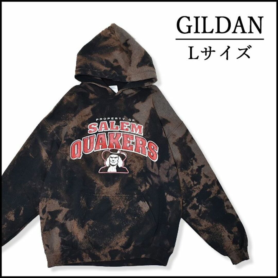 GILDAN(ギルタン)のメンズブリーチプルオーバーパーカーL 古着屋　黒　プリント　ブランド メンズのトップス(パーカー)の商品写真