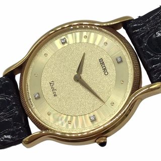 セイコー(SEIKO)のSEIKO　セイコー　DOLCE　ドルチェ　18KT　750　クオーツ　電池　ゴールド　ブラック　レザーバンド　4Pダイヤ　ダイヤ　5E30-6A30　純正ベルト　腕時計　時計　ウォッチ　メンズ　レディース　ユニセックス(腕時計(アナログ))