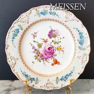 マイセン(MEISSEN)の22㎝★マイセン ローズ 金彩 小花 ハンドペイント アンティーク美品 プレート(食器)