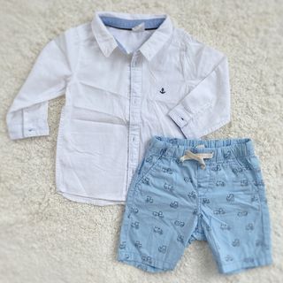 エイチアンドエム(H&M)のワイシャツ長袖　半ズボンセット　 入園　入学　白色　青色　80 H&M 送料無料(シャツ/カットソー)