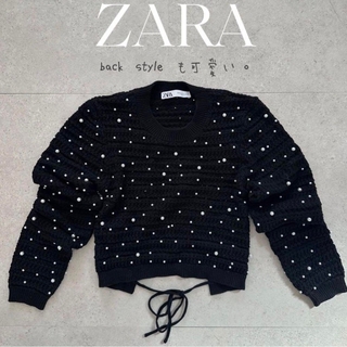 ザラ(ZARA)のZARA　クロップドニットセーター パールビーズ　Mサイズ　ブラック(ニット/セーター)