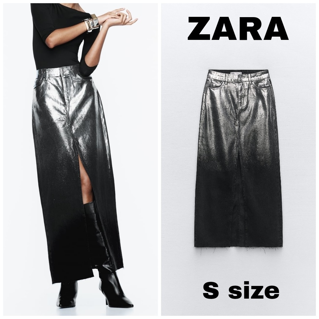ZARA(ザラ)のZARA　ロング フォイルディテール デニム スカート　Sサイズ　シルバー レディースのスカート(ロングスカート)の商品写真