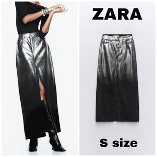 ZARA　ロング フォイルディテール デニム スカート　Sサイズ　シルバー