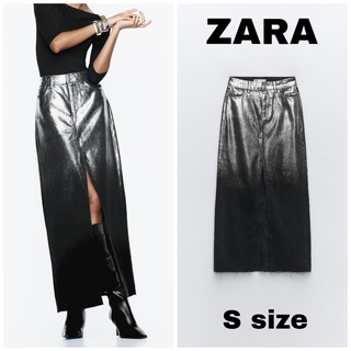 ザラ(ZARA)のZARA　ロング フォイルディテール デニム スカート　Sサイズ　シルバー(ロングスカート)