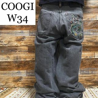 クージー(COOGI)のクージーブラックデニムジーンズ極太グレーw34刺繍黒ストリートb系オーバーサイズ(デニム/ジーンズ)