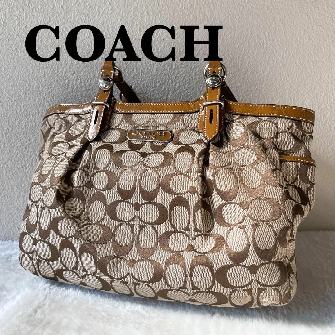 COACH(コーチ)の美品✨COACHコーチセミショルダーバッグトートバッグブラウン茶シグネチャー総柄 レディースのバッグ(ショルダーバッグ)の商品写真