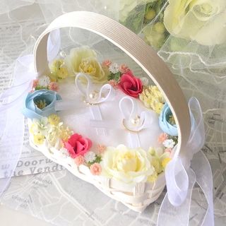 No.32／カラフルなお花 春婚 ウェディング リングピローかご カゴ(リングピロー)