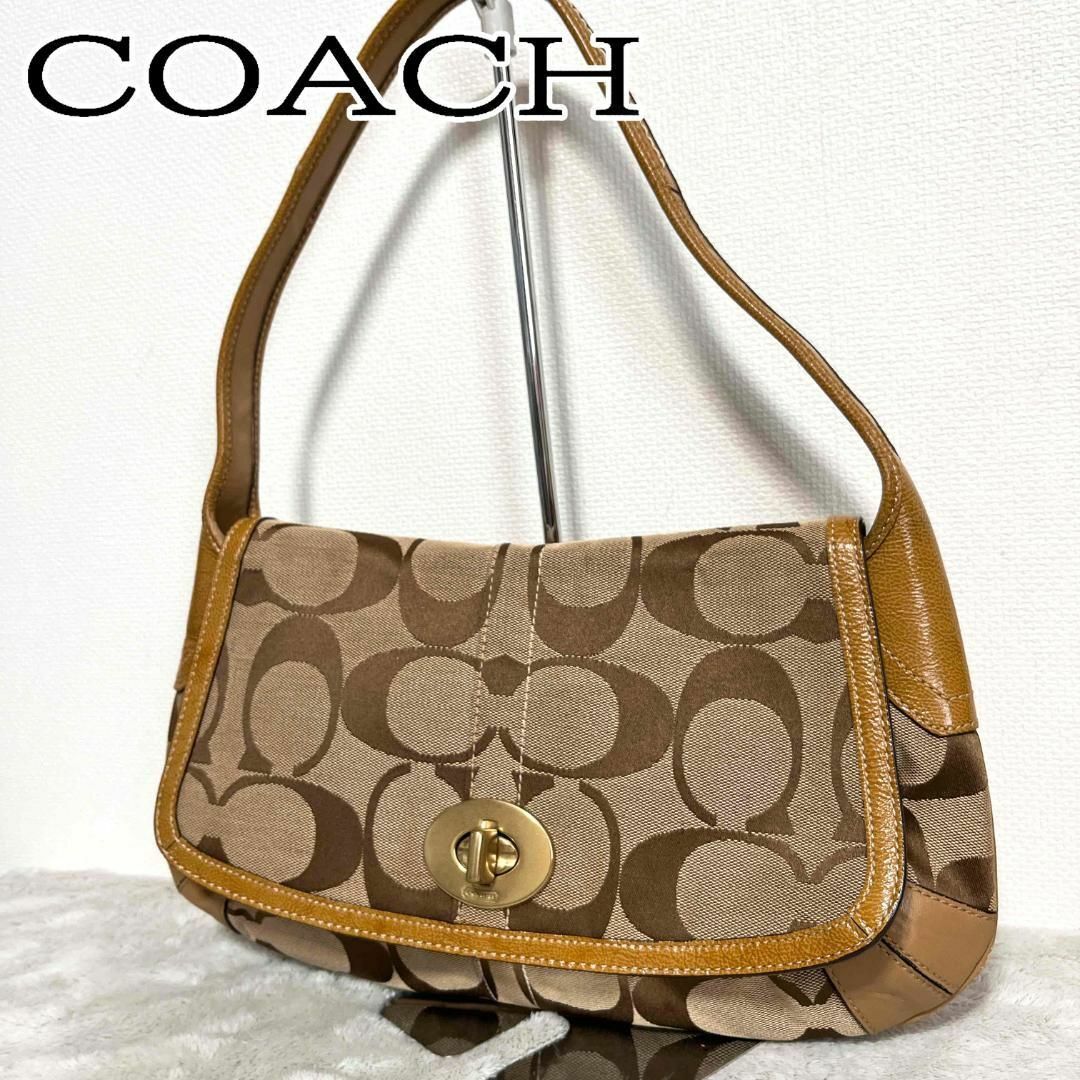 COACH(コーチ)の美品✨COACHコーチセミショルダーバッグトートバッグブラウン茶シグネチャー総柄 レディースのバッグ(ショルダーバッグ)の商品写真