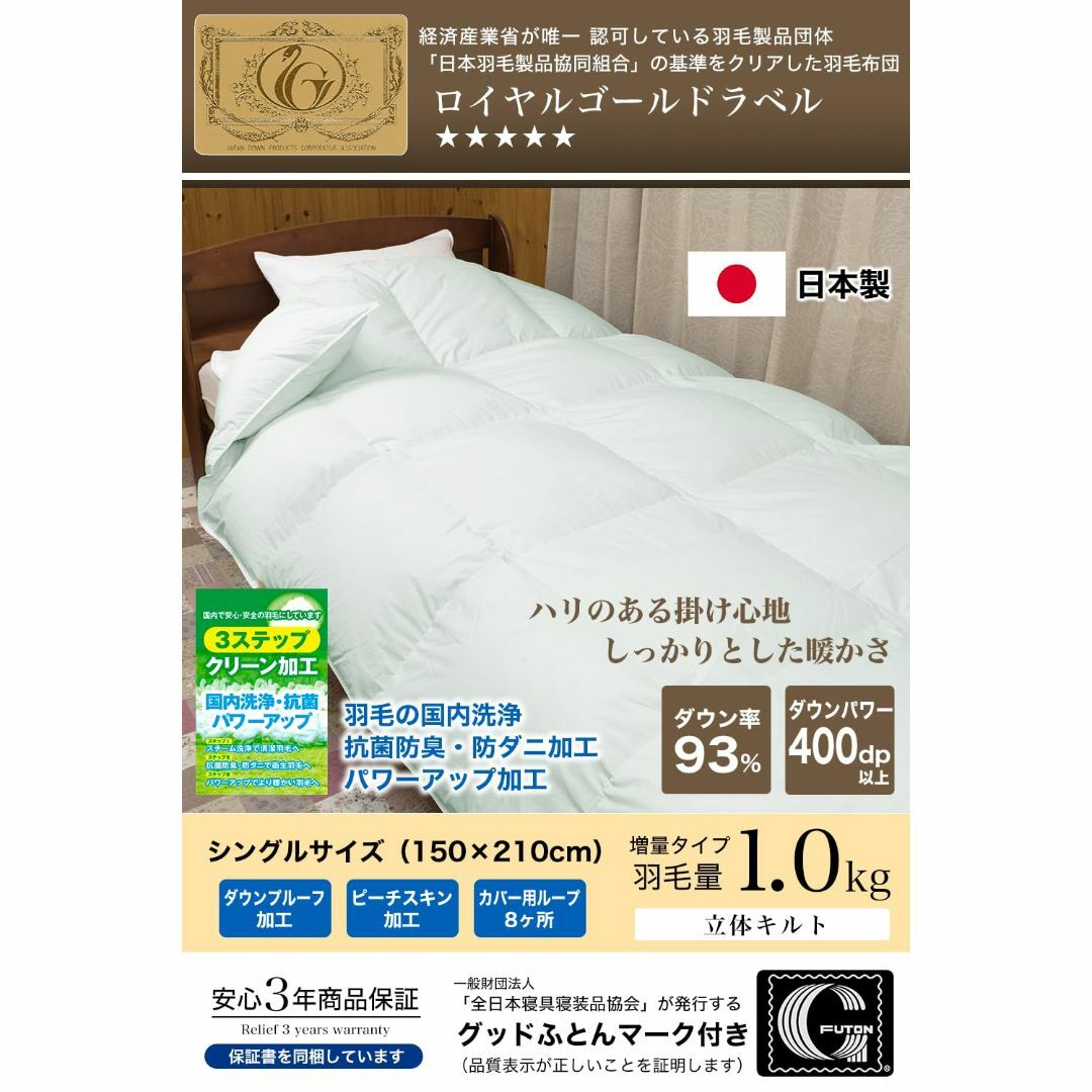 【色: グリーン】安眠工場 高級羽毛布団 シングル【羽毛量1.0kg】ホワイトダ インテリア/住まい/日用品の寝具(その他)の商品写真