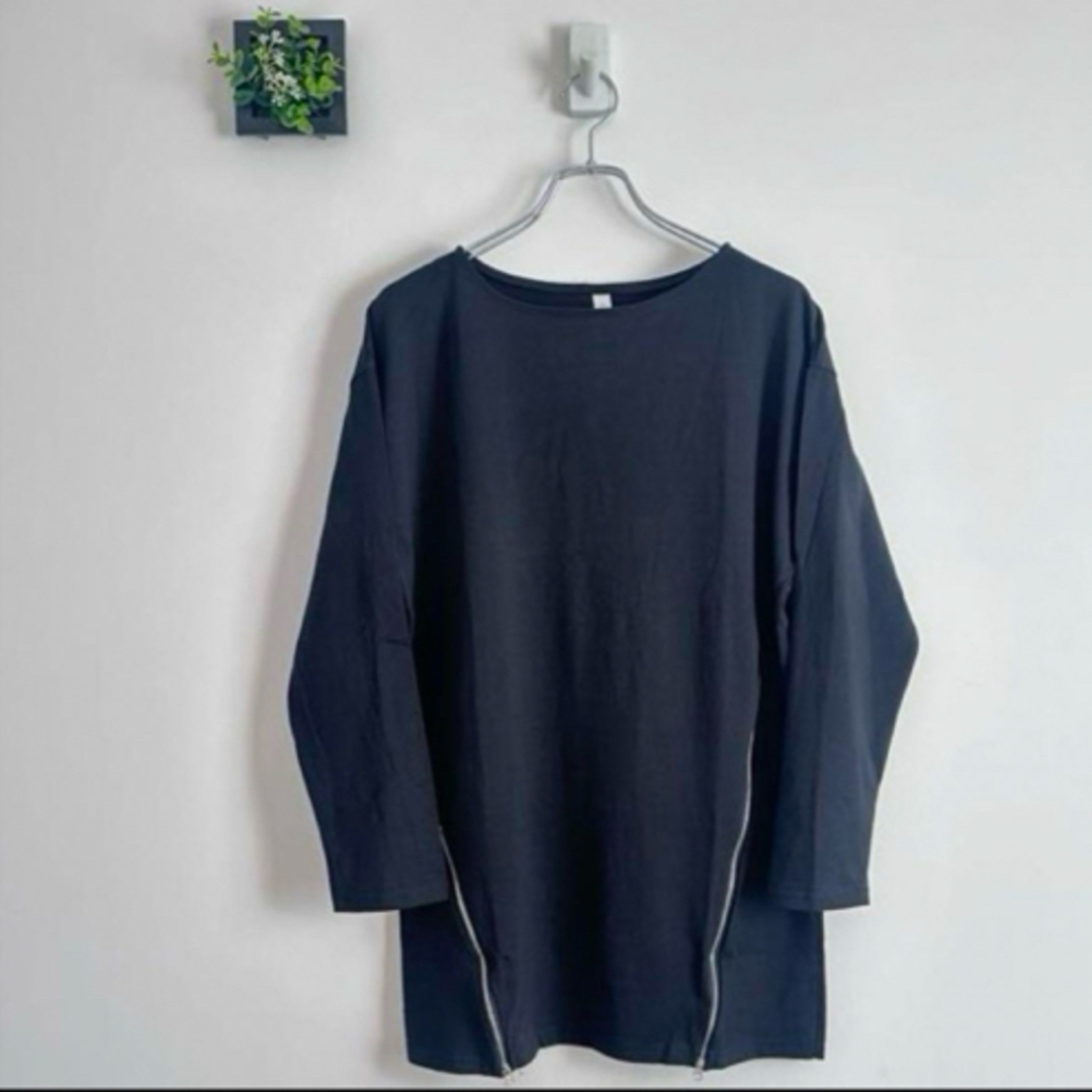 サイド ジップ カットソー ロンT  黒 トップス 長袖 アシンメトリー メンズのトップス(Tシャツ/カットソー(七分/長袖))の商品写真