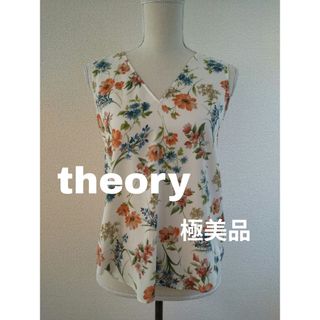 セオリー(theory)の極美品　theory　フラワープリント　ノースリーブブラウス　Vネック　Ｓ〜M(シャツ/ブラウス(半袖/袖なし))