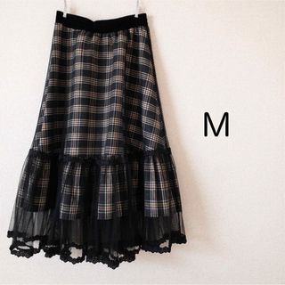 シフォンスカート 黒 M チェック(ロングスカート)