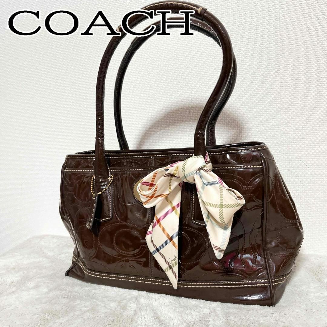 COACH(コーチ)の美品✨COACH コーチハンドバッグトートバッグブラウン茶カラーチェックスカーフ レディースのバッグ(トートバッグ)の商品写真