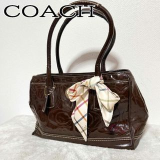 コーチ(COACH)の美品✨COACH コーチハンドバッグトートバッグブラウン茶カラーチェックスカーフ(トートバッグ)