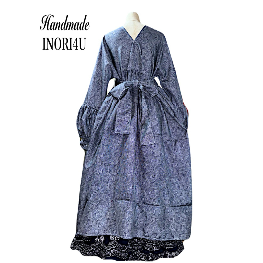 INORI4Uハンドメイド 紬 着物リメイクワンピース Vネック 紺系 姫系 INORI4Uハンドメイド 紬 着物リメイクワンピース Vネック 紺系 姫系