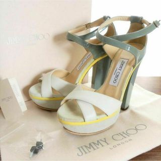 ジミーチュウ(JIMMY CHOO)の良品 綺麗 ジミーチュウ エナメル×レザー チャンキーヒール サンダル(サンダル)