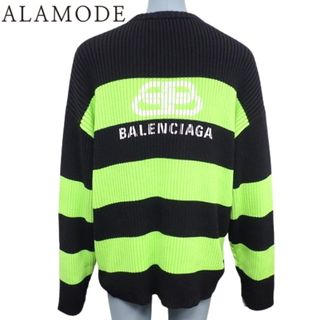 バレンシアガ(Balenciaga)のBALENCIAGA(バレンシアガ) ボーダーニット トップス アパレル バックロゴ クルーネック セーター M コットン ブラック黒 グリーン緑 メンズ 40802085171【中古】【アラモード】(ニット/セーター)