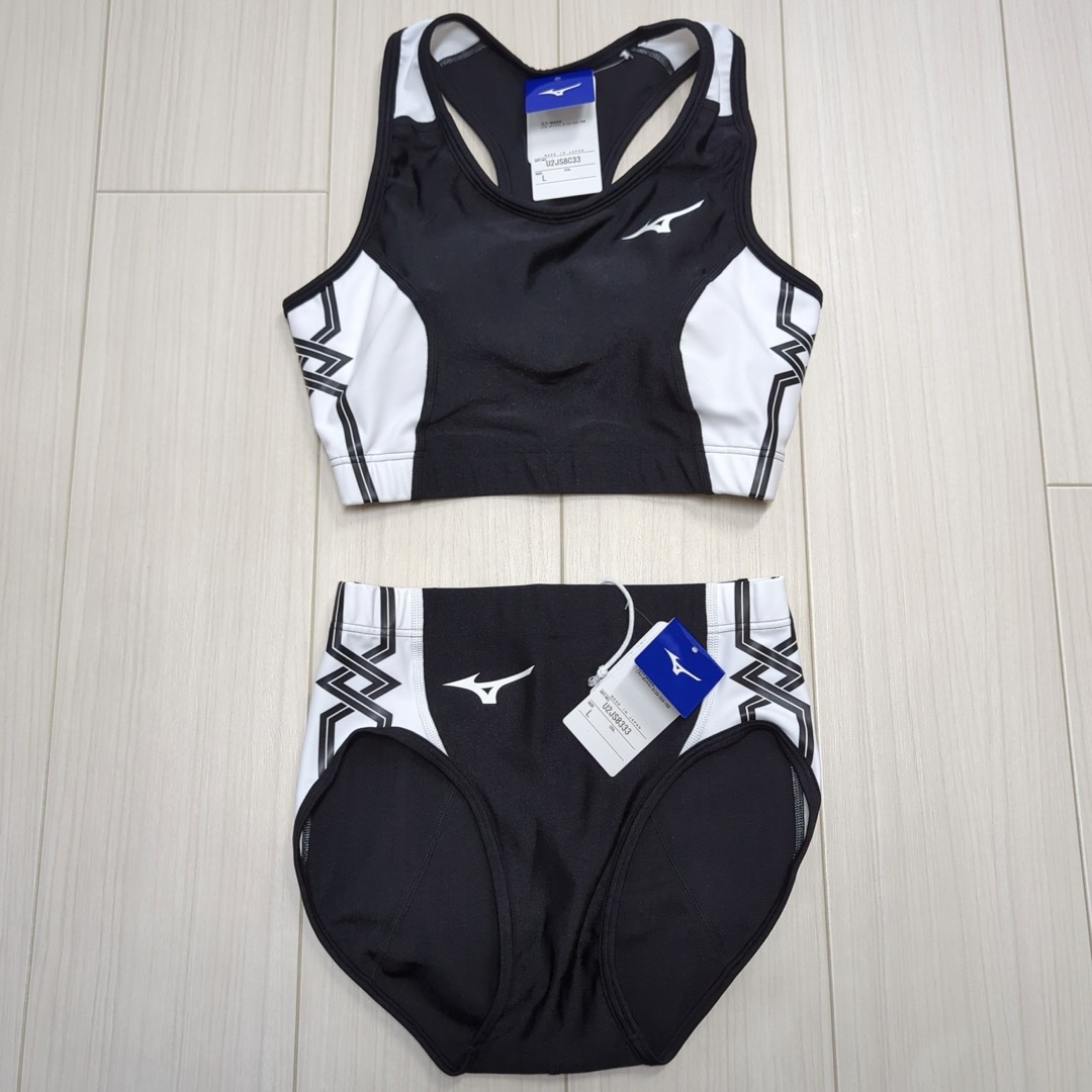 MIZUNO(ミズノ)のミズノ　女子陸上ユニフォーム上下セット　Lサイズ　ブラック×ホワイト　新品 スポーツ/アウトドアのスポーツ/アウトドア その他(陸上競技)の商品写真