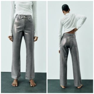 ザラ(ZARA)のZARA　フォイルディテール ストレート ミッドライズデニムパンツ　38サイズ(デニム/ジーンズ)