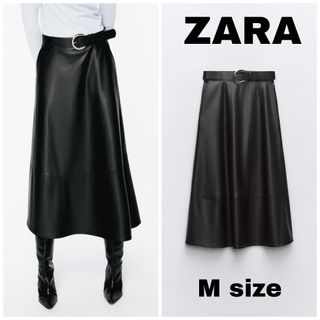 ザラ(ZARA)のZARA　フェイクレザー レイヤー ミディスカート　Mサイズ　ブラック(ロングスカート)