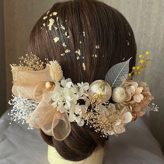 《金箔フレーク付》リボン&ドライフラワー髪飾り♡成人式　卒業式　和装　袴　結婚式(ヘアピン)