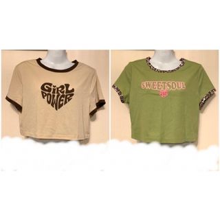 Tシャツ 2枚 セット レディース ショート丈 ブラウン グリーン 半袖(Tシャツ(半袖/袖なし))