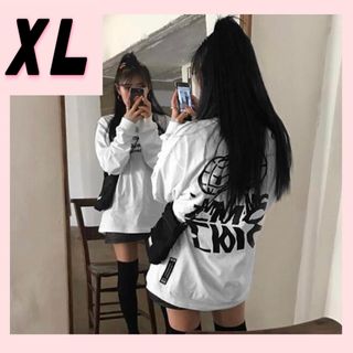 長袖 Tシャツ  プリント ロンT  ホワイト 白 ルーズ ユニセックス XL(Tシャツ(長袖/七分))