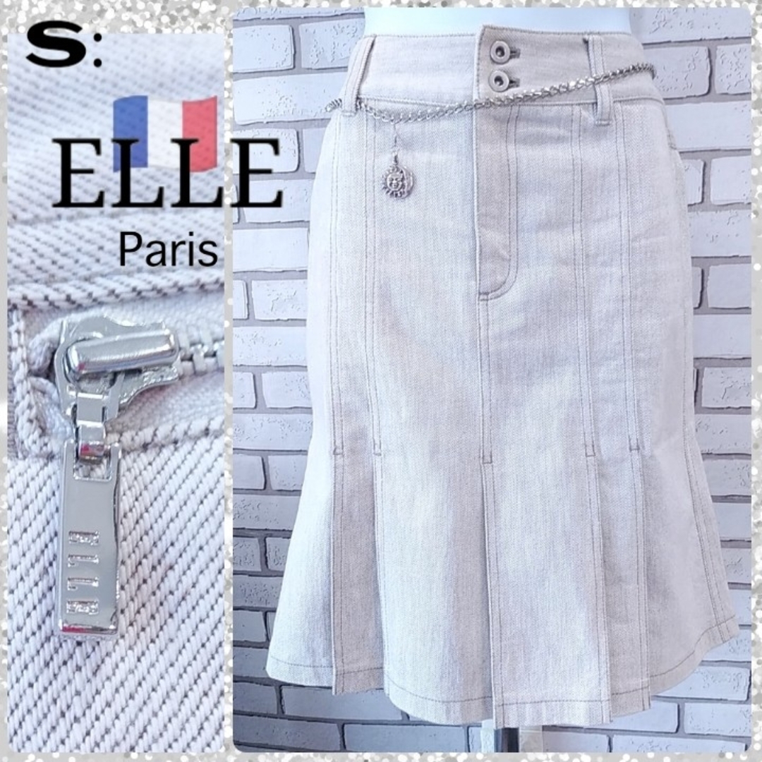 ELLE(エル)のS：美品★デニムスカート／エル★オフホワイト レディースのスカート(ひざ丈スカート)の商品写真