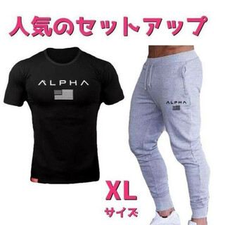 Tシャツ×スウェットジョガーパンツセットアップメンズジムウェアXLサイズ黒グレー(Tシャツ/カットソー(半袖/袖なし))
