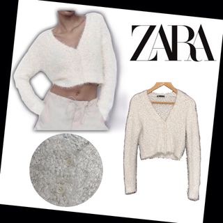 ザラ(ZARA)の【ZARA】シャギーニットカーディガン 前ボタン Mサイズ(カーディガン)