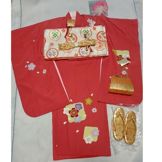 7歳七五三祝着物正絹フルセットマットな赤シンプルジュニア用袋帯小物はこせこ(その他)