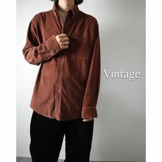 ヴィンテージ(VINTAGE)の【vintage】ボタンダウン ルーズ 長袖 コーデュロイシャツ 細畝 XL 茶(シャツ)