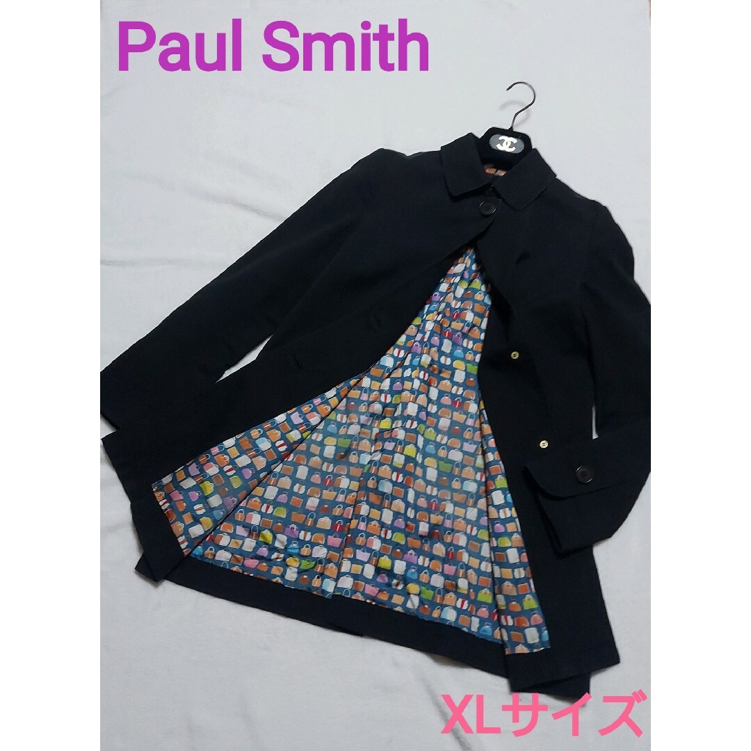 Paul Smith(ポールスミス)の美品☆ポールスミス ステンカラーコート マルチカラーバック総柄 42 XL 黒 レディースのジャケット/アウター(スプリングコート)の商品写真