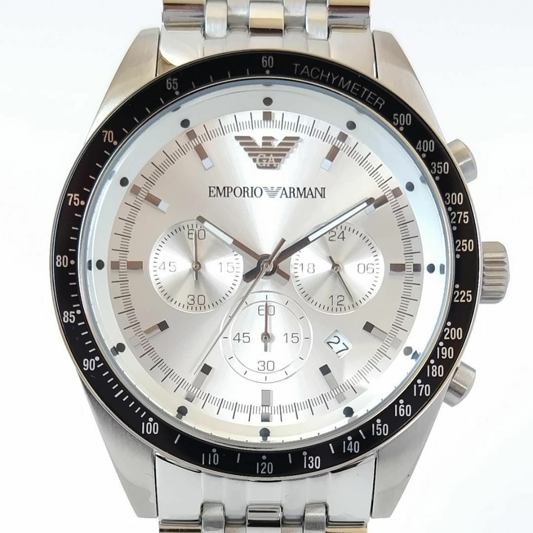 Emporio Armani(エンポリオアルマーニ)のシルバー/ブラック新品メンズ腕時計EMPORIO ARMANIクロノグラフ日付 メンズの時計(腕時計(アナログ))の商品写真