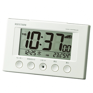 リズム時計 デジタル 電波時計 目覚し時計 日付 温湿度計付き 白 コンパクト(置時計)