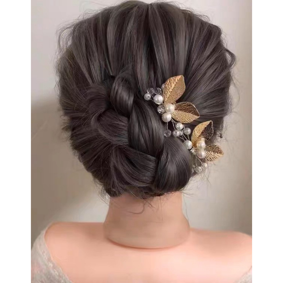 シルバー　リーフ　４本セット　ヘアピン　パール　髪飾り　結婚式　韓国　フォーマル レディースの水着/浴衣(和装小物)の商品写真
