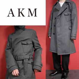 【極美品】AKM ベルト付き ポケット 襟 デザイン ロングトレンチコート