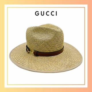 グッチ(Gucci)のグッチ　ホースビット付き ストロー エフェクト ハット　麦わら帽子(麦わら帽子/ストローハット)