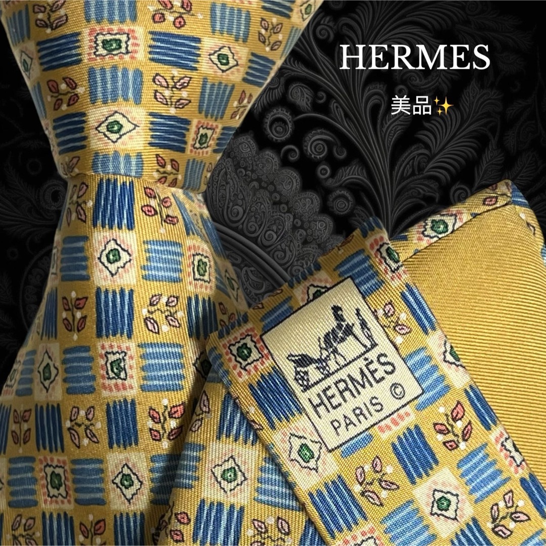 Hermes(エルメス)の美品 HERMES フランス製 マルチカラー イエロー系主体 植物 メンズのファッション小物(ネクタイ)の商品写真