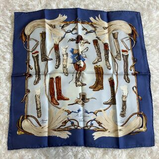 エルメス(Hermes)の美品　HERMES　カレ45　スカーフ　Propos de Bottes ブルー(バンダナ/スカーフ)