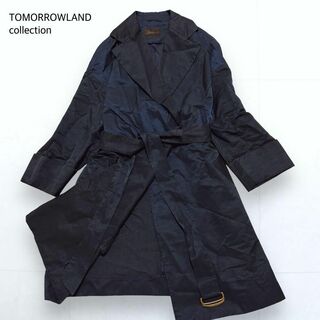 トゥモローランド(TOMORROWLAND)のトゥモローランドコレクション リネン混 ベルテッド スプリングコート 紺 38(スプリングコート)