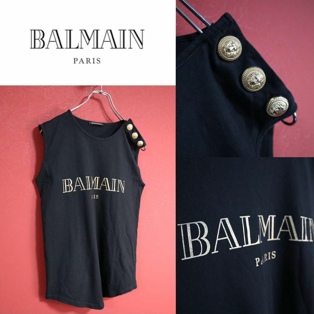 BALMAIN(バルマン)の【美品】BALMAIN 刻印ボタンデザイン ロゴプリント ノースリーブ Tシャツ レディースのトップス(Tシャツ(半袖/袖なし))の商品写真