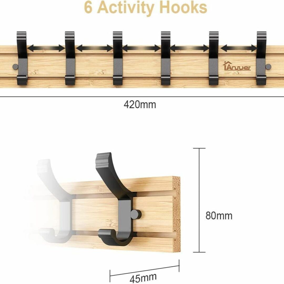 Anjuer ウォールハンガー 壁取り付け式コートラック 2個セット 6連フック インテリア/住まい/日用品の収納家具(玄関収納)の商品写真