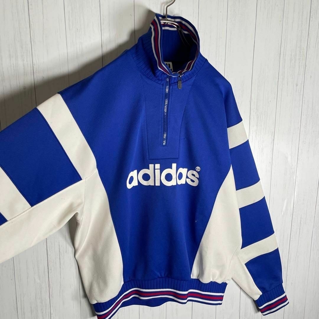 adidas(アディダス)の[古着]アディダス　トラックジャケット　ハーフジップ　ライン　デサント製　青　白 メンズのトップス(ジャージ)の商品写真