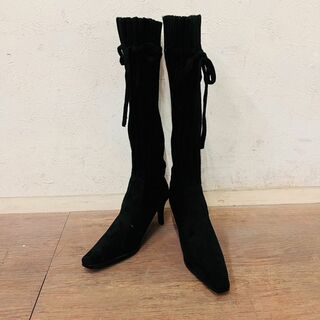 太リブ編み　ロングブーツ　黒　ニット×スエード調　ピンヒール　25cm(ブーツ)