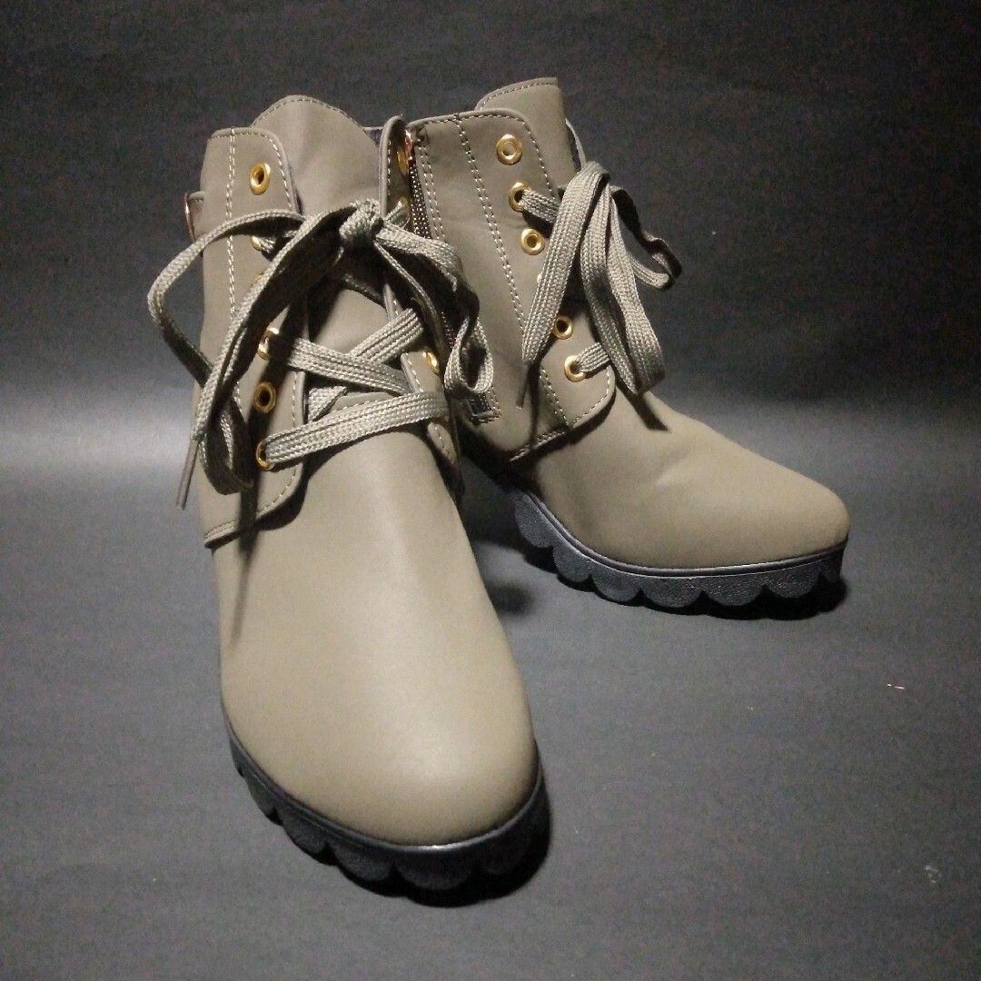 新品　レディース　編み上げ　厚底　ショートブーツ　アーミーグリーン　24.5 レディースの靴/シューズ(ブーツ)の商品写真