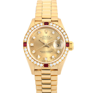 ロレックス(ROLEX)のロレックス デイトジャスト ベゼルダイヤ/4Pルビー 10Pダイヤ 69068G シャンパン E番 レディース 中古 腕時計(腕時計)