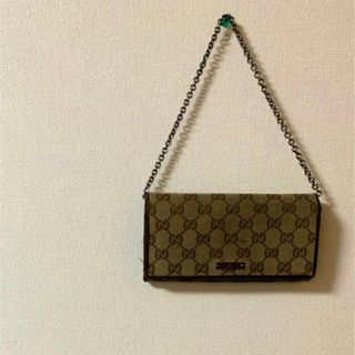 グッチ(Gucci)のGUCCI GG柄 キャンバス チェーンウォレット 長財布 レザー茶(長財布)