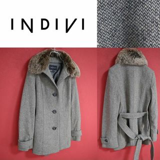 【最高級】INDIVI ブルーフォックスファー ヘリンボーン ツイード コート