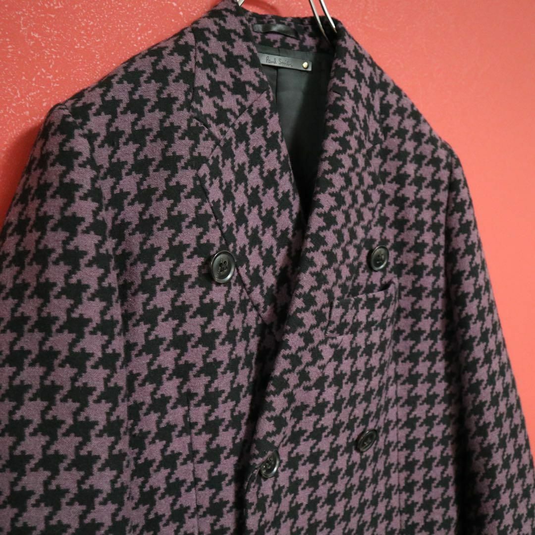 極美品】Paul Smith 千鳥格子 紫 シルク混 袖リブ 襟ステッチコート 極美品】Paul Smith 千鳥格子 紫 シルク混 袖リブ 襟ステッチコート